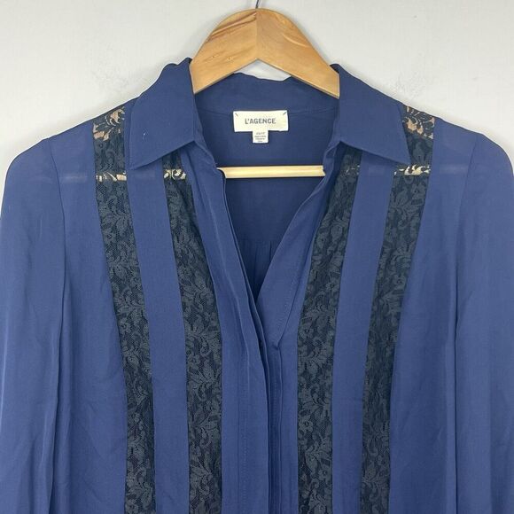 L'Agence Navy Blue Semi Sheer Silk Button Down Blouse XS Lace Trim - Picture 2 of 13